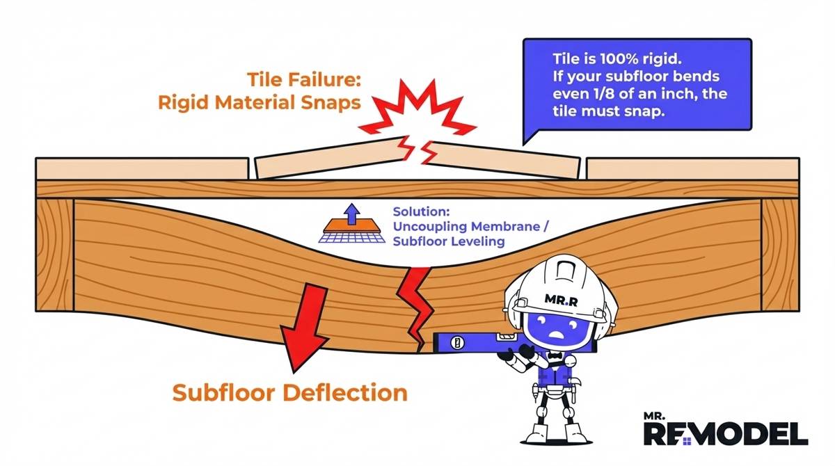 A technical cutaway infographic illustrating subfloor deflection, showing how a bending wooden floor joist causes rigid bathroom tiles to crack under tension.